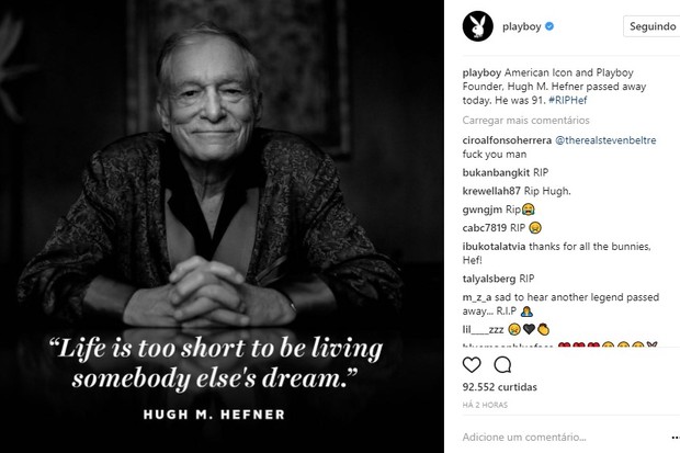 Playboy presta homenagem a Hugh Hefner no Instagram (Foto: Reprodução/Instagram)