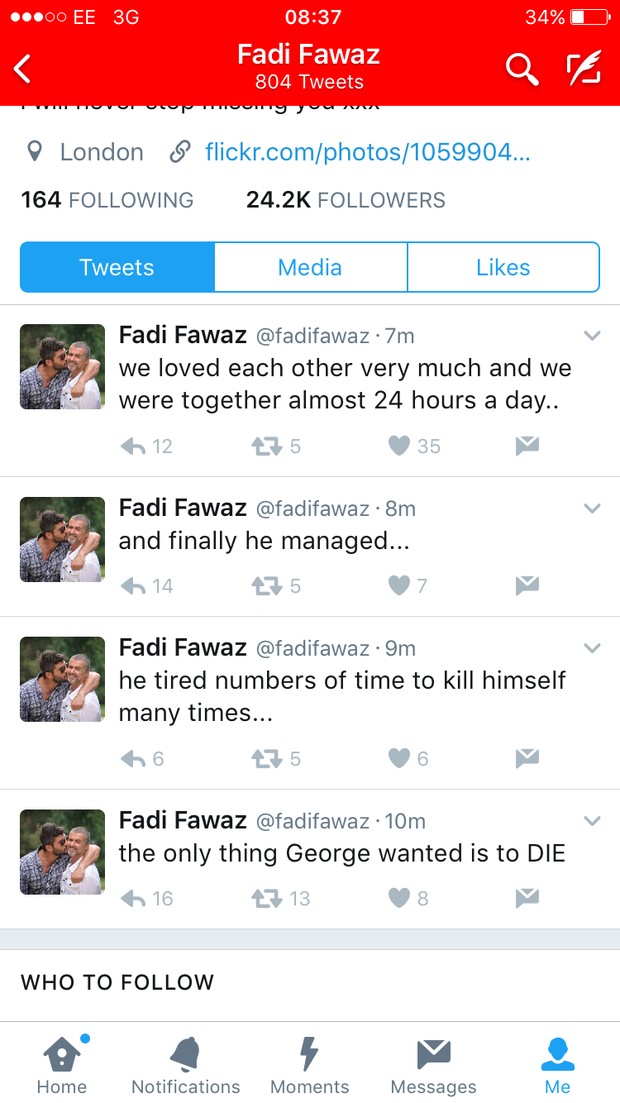 Fadi Fawaz, ex-namorado de George Michael, afirma que o cantor teria se suicidado (Foto: Reprodução / Twitter) Fadi Fawaz, ex-namorado de George Michael, afirma que o cantor teria se suicidado (Foto: Reprodução / Twitter)