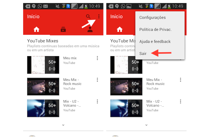 Saindo de uma conta do YouTube no aplicativo para Android (Foto: Reprodução/Marvin Costa) Saindo de uma conta do YouTube no aplicativo para Android (Foto: Reprodução/Marvin Costa)