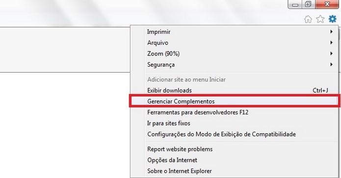 Op??o Gerenciar complementos, das ferramentas do IE (Foto: Reprodu??o/ Raquel Freire)