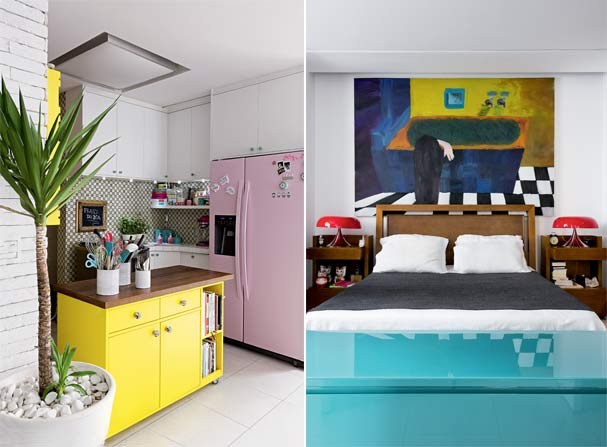 A cozinha da Dani é superfuncional – e linda! Essa bancada amarela é móvel, e a geladeira adesivada (Foto: Filippo Bamberghi)