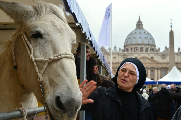 Freira acaricia cavalo durante benção no Vaticano (Foto: Gabriel Bouys/AFP)