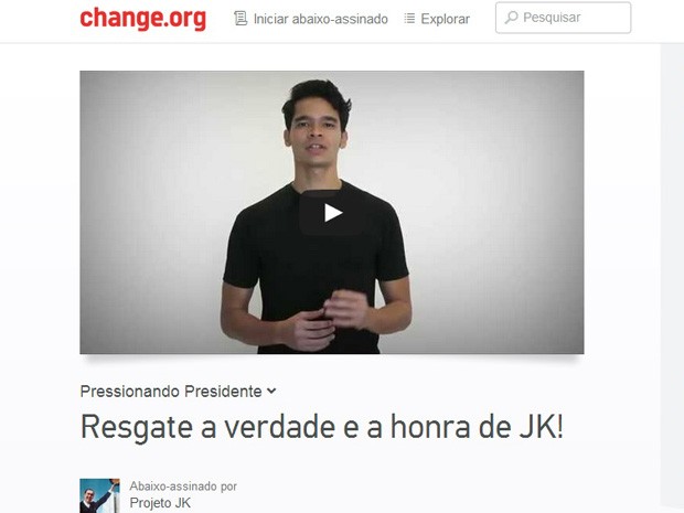 Abaixo-assinado virtual sobre ex-presidente JK deve ser entregue à Dilma Rousseff. (Foto: Reprodução/change.org) Abaixo-assinado virtual sobre ex-presidente JK deve ser entregue à Dilma Rousseff. (Foto: Reprodução/change.org)