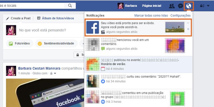 Abra a notificação de que seu vídeo foi publicado no Facebook (Foto: Reprodução/Barbara Mannara)