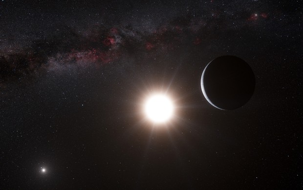O novo planeta, à direita, orbita a estrela Alpha Centauri B, no centro da imagem (Foto: AP Photo/ESO, L. Calcada)