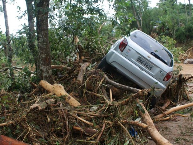 Carros e árvores foram arrastados com a enchente em Itaóca (Foto: Mariane Rossi/G1)