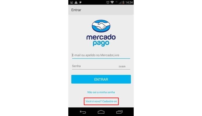 Tela de login do app MercadoPago para Android (Foto: Reprodução/Raquel Freire)