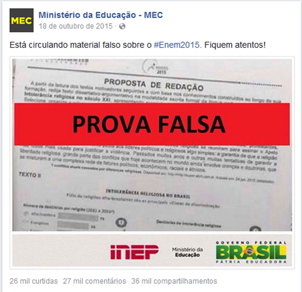 Enem - Tema de redação do Enem é o mesmo de prova falsa de 2015
