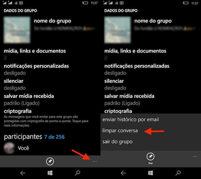 Caminho para acessar a opção de limpar um chat no WhatsApp para Windows Phone (Foto: Reprodução/Marvin Costa)