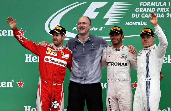 Sebastian Vettel, Lewis Hamilton e Valtteri Bottas no GP do Canadá (Foto: Getty Images)