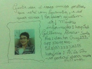 Família busca ajuda nas redes sociais para salvar garoto de 13 anos em Santos (Foto: Tatyana Jorge / TV Tribuna)