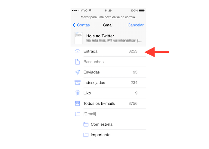 Movendo o e-mail selecionado para outra caixa de entrada no Mail para iOS (Foto: Reprodução/Marvin Costa)