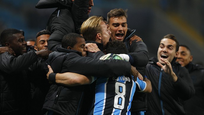 Grêmio marca contra o Santos na Arena (Foto: Lucas Uebel / Grêmio, DVG) Grêmio marca contra o Santos na Arena (Foto: Lucas Uebel / Grêmio, DVG)