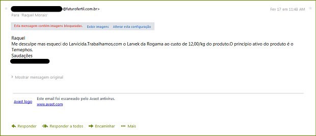 Informações prestadas por representante da Futuro Fértil sobre único larvicida comercializado pela empresa (Foto: Reprodução) Informações prestadas por representante da Futuro Fértil sobre único larvicida comercializado pela empresa (Foto: Reprodução)