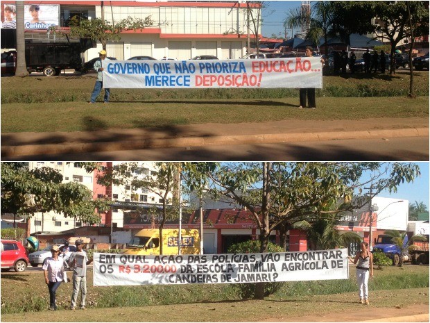 Manifestantes expõem faixas no canteiro central da Avenida Jorge Teixeira (Foto: Ivanete Damasceno/G1)