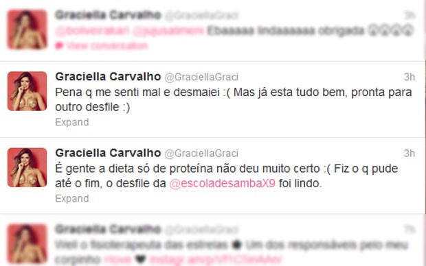 No Twitter, a apresentadora Graciella Carvalho relatou o desmaio (Foto: Reprodução/Twitter)