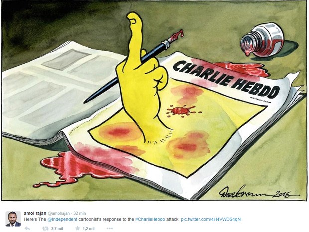 Tirinha da 'The Independt' mostra o dedo em riste contra o ataque à sede da revista 'Charle Hebdo' (Foto: Reprodução/Twitter)