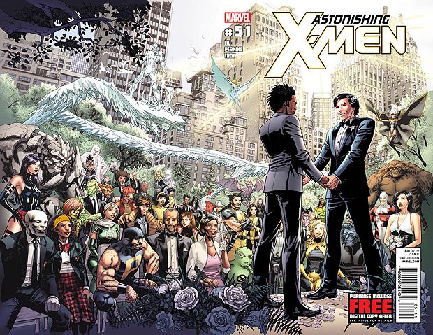 Capa da edição 51 do gibi Anastonishing X-Men #51, que circula em 21 de junho, e mostra o casamento do herói Northstar (Foto: AP) Capa da edição 51 do gibi Anastonishing X-Men #51, que circula em 21 de junho, e mostra o casamento do herói Northstar (Foto: AP)