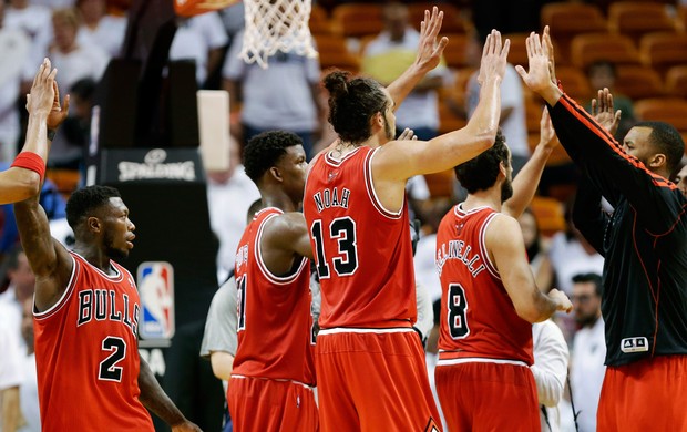 Basquete NBA - Miami Heat e Chicago Bulls, Nate Robinson e Joakim Noah comemoram (Foto: AP)