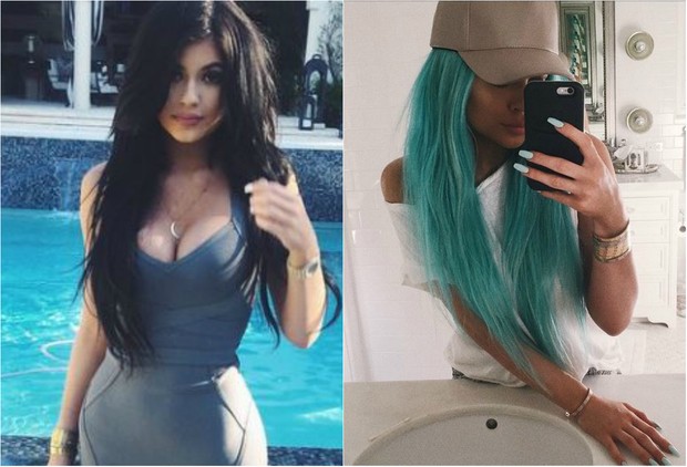 Ante e depois: Kylie Jenner com cabelos coloridos (Foto: Reprodução do Instagram)