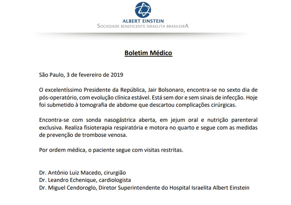 Bolsonaro continua com sonda, fez tomografia e não tem complicações neste domingo (3) — Foto: Reprodução