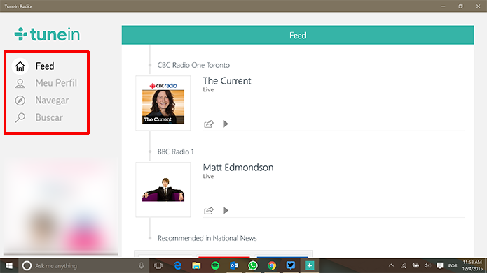 TuneIn no PC tem navegação dividida em quatro abas principais (Foto: Reprodução/Elson de Souza)