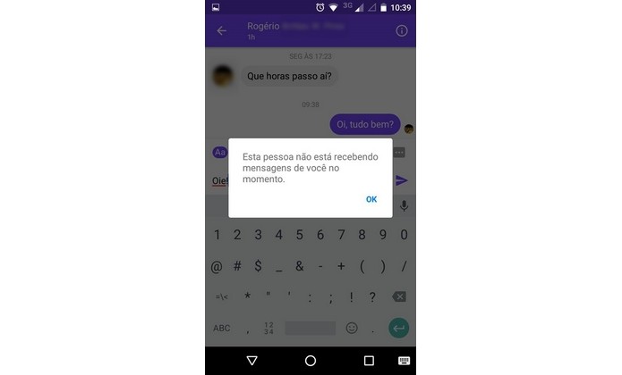 Mensagem informativa de que usuário foi bloqueado no Messenger (Foto: Reprodução/Raquel Freire)