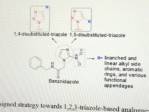 Molécula do benznidazol: setas apontam para estruturas modificadas (Foto: Adriano Oliveira/G1)