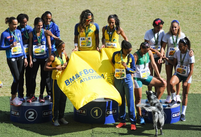 Cachorro chama atenção no pódio do Troféu Brasil de Atletismo (Foto: Agência Luz/BMF)