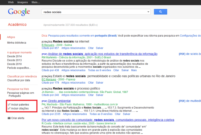 Resultados incluindo patentes e citações no Google Acadêmico (Foto: Reprodução/Lívia Dâmaso)