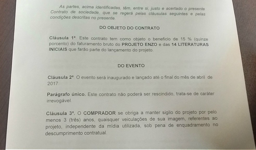 Contratos redigidos por Bruno Borges estipulava porcentagem para Marcelo Ferreira (Foto: Aline Nascimento/G1)
