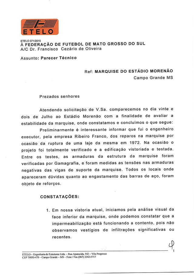 Página 1 do parecer técnico de Carlos Portugal sobre a marquise do Morenão (Foto: Reprodução/FFMS) Página 1 do parecer técnico de Carlos Portugal sobre a marquise do Morenão (Foto: Reprodução/FFMS)