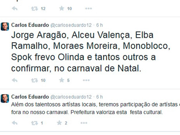 Prefeito Carlos Eduardo publicou mensagens em sua conta no Twitter (Foto: Reprodução/Twitter)
