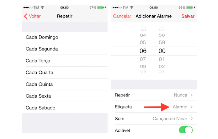 Definindo a repetição do alarme no despertador do iPhone e acessando as configurações de etiqueta (Foto: Reprodução/Marvin Costa)