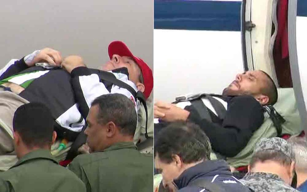 Rafael Henzel e Alan Ruschel embarcam em avião da FAB para voltar ao Brasil (Foto: Reprodução/TV Globo)