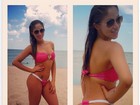 Carol Narizinho curte praia e posta foto de biquíni fio-dental