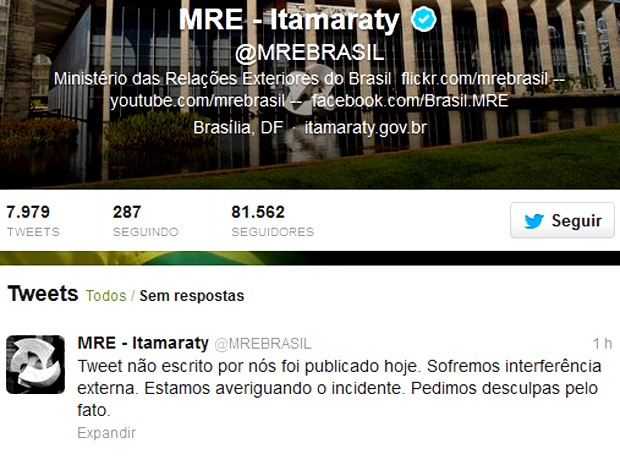 Mensagem no Twitter do Itamaraty informando sobre "interferência externa" (Foto: Reprodução)