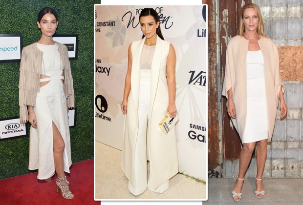 Branco com bege: Lily Aldridge, Kim Kardashian e Uma Thurman (Foto: Reprodução Instagram/Getty Images)