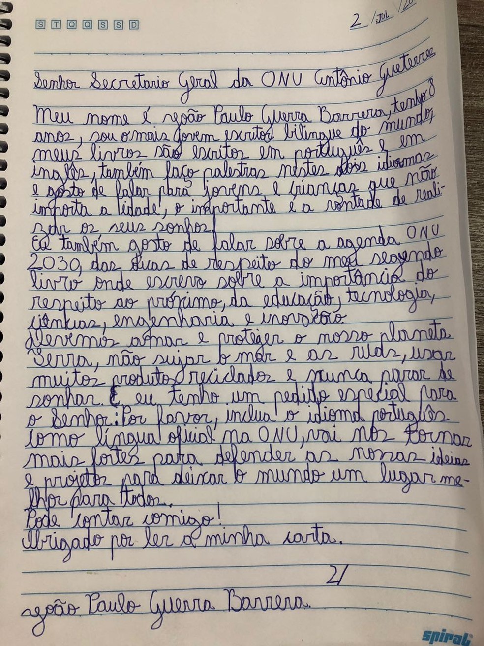 Carta do menino brasileiro João Paulo Guerra Barrera, de oito anos, pedindo a António Guterres que inclua o português na lista de línguas oficiais da ONU (Foto: Divulgação/Fernanda Calfat)