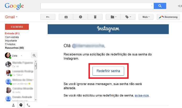Link para redefinir senha do Instagram (Foto: Reprodução/Lívia Dâmaso)