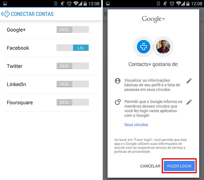 Contacts+ pode se conectar ao Google+, Facebook, LinkedIn e outras redes sociais no Android (Foto: Reprodução/Elson de Souza)