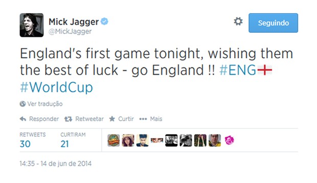 Mick Jagger deseja boa sorte para Inglaterra (Foto: Reprodução)
