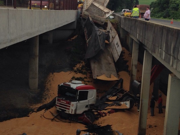 Caminhão caiu em vão entre viadutos (Foto: Vanessa Rumor/RPC)