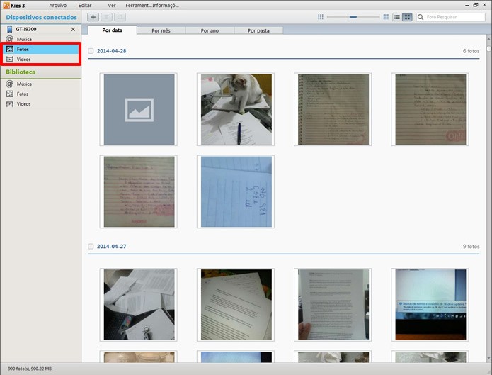 Em “Fotos” e “Vídeos” o Samsung Kies irá exibir as mídias de imagem em seu aparelho (Foto: Reprodução/Daniel Ribeiro)
