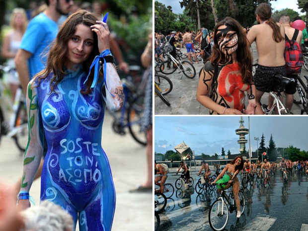 Algumas participantes de pedalada pelada foram ao evento com o corpo pintado (Foto: Sakis Mitrolidis/AFP)
