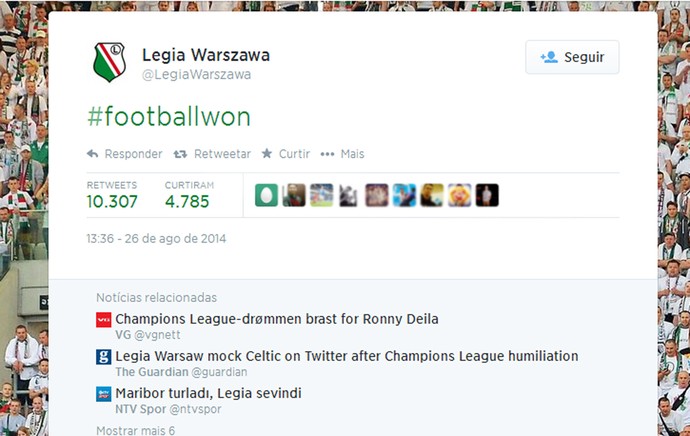 Twitter do Legia Varsóvia (Foto: Reprodução / Twitter)