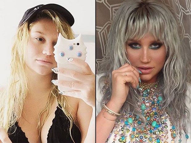Kesha sem e com maquiagem (Foto: Instagram/ Reprodução)