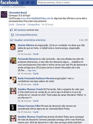 Black Friday Chevrolet - reclamações dos consumidores no Facebook (Foto: Reprodução da internet)