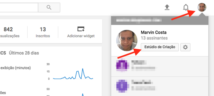 Caminho para acessar o estúdio de criação de um canal no YouTube (Foto: Reprodução/Marvin Costa)