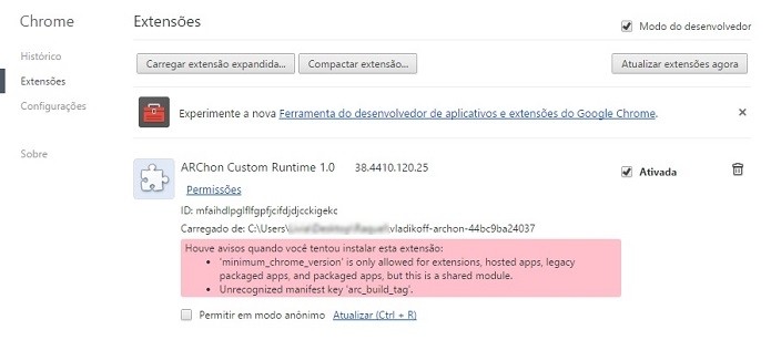 Arquivo descompactado inserido como extensão do Chrome (Foto: Reprodução/Raquel Freire)